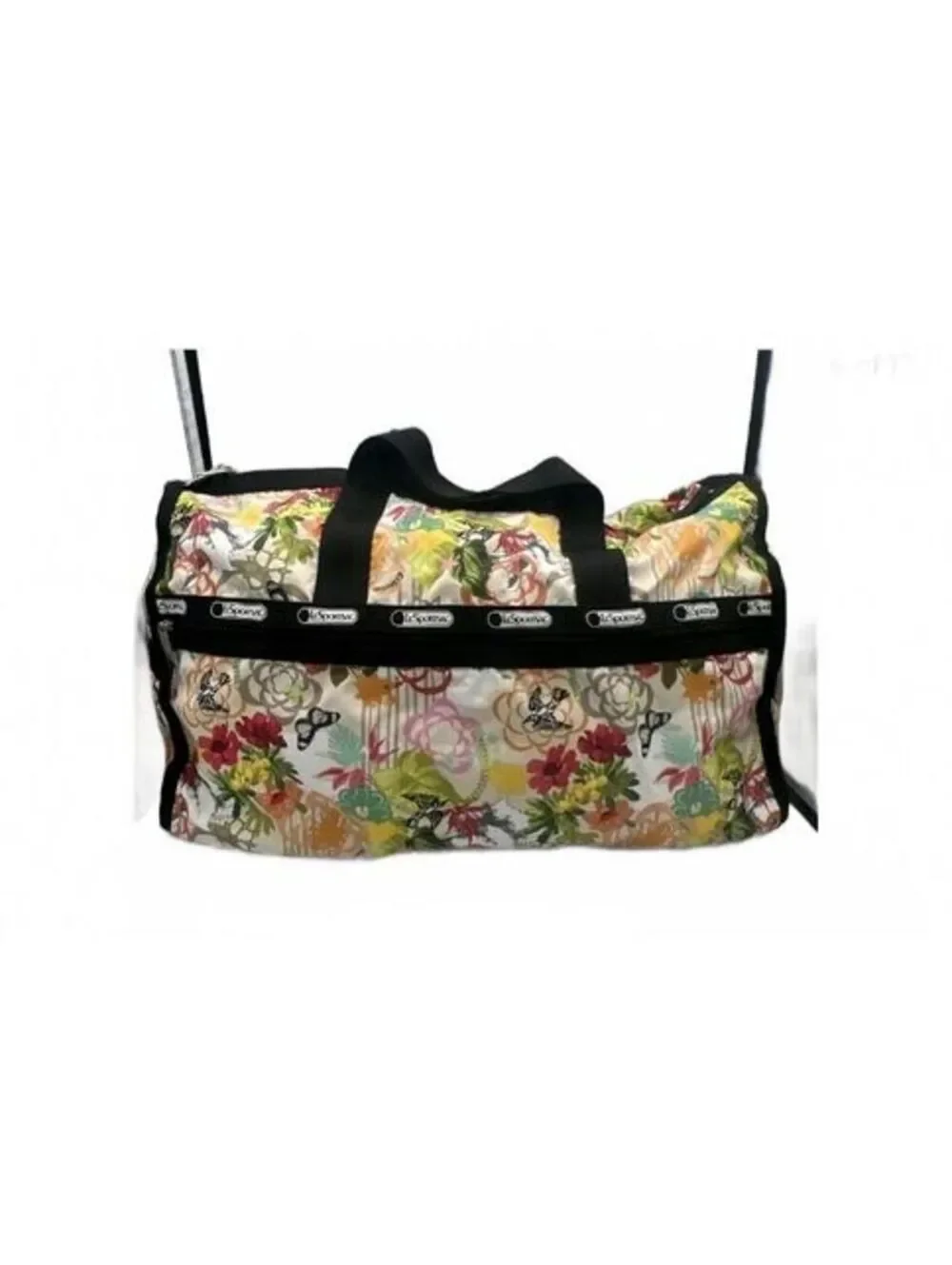 LeSportsac Large Floral Print Duffel Bag with Black Straps and Multiple Zippers